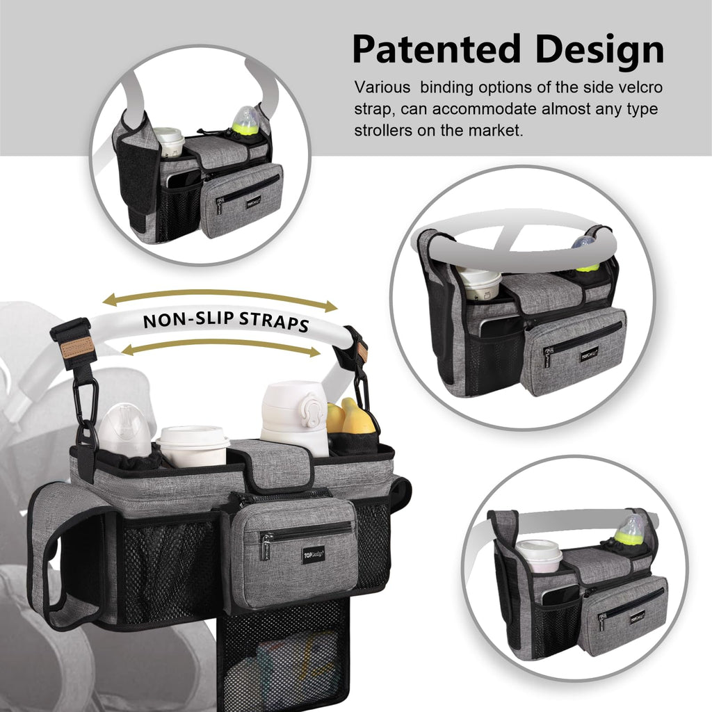 TOPDesign Universal Baby Stroller Organizer, Double Stroller Caddy with Detachable Mesh Bag & Heightened Insulated Cup Holders & Non-Slip Secure Hooks Accessories, Fits Most Strollers (Blue)