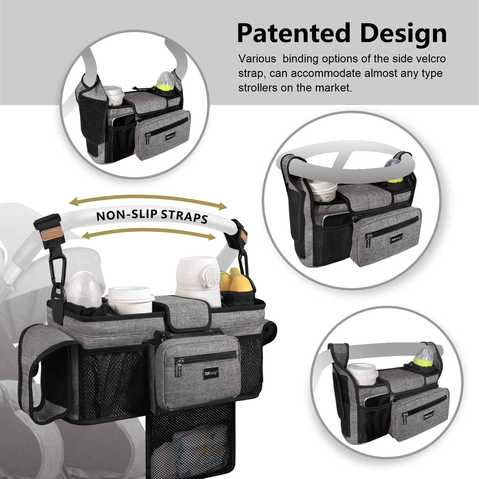 TOPDesign Universal Baby Stroller Organizer, Double Stroller Caddy with Detachable Mesh Bag & Heightened Insulated Cup Holders & Non-Slip Secure Hooks Accessories, Fits Most Strollers (Blue)