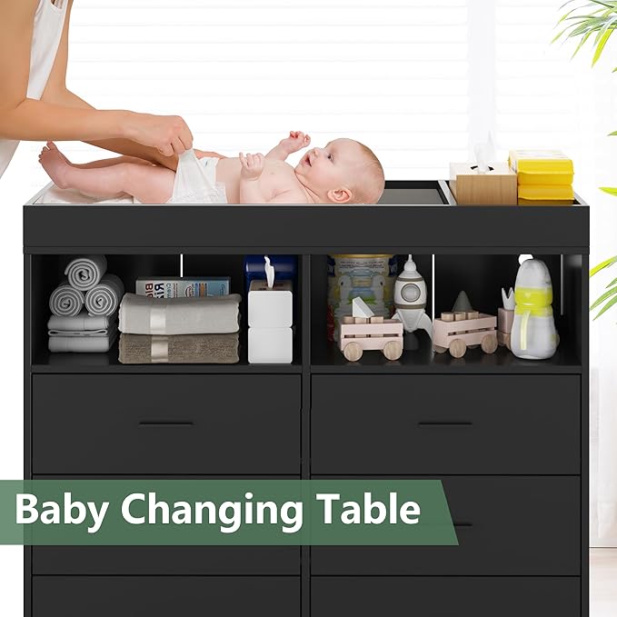 GarveeHome Dresser for Bedroom with 6 Drawers, Baby Changing Table Dresser with Changing Pad, LED Lights & Charging Station, Baby Changing Station with Changing Table Top (Black)