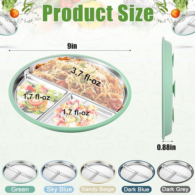 BUSOHA 3 Pack Stainless Steel Kids Plate Set - 9” Divided Toddler Baby Plates with Silicone Sleeves with Suction 2-in-1 Anti Breakage Metal Toddler Bowls Microwave Dishwasher Safe