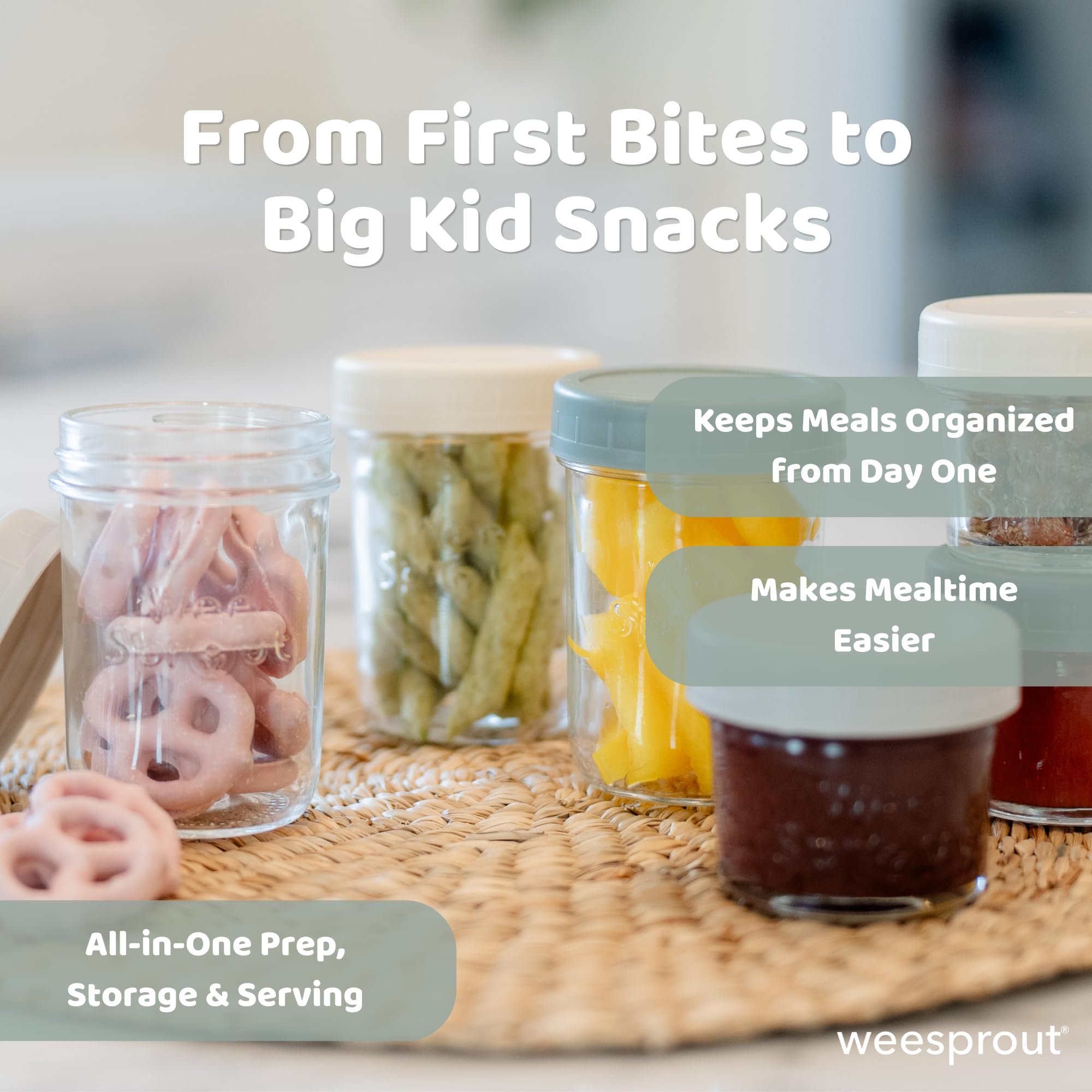 WeeSprout Glass Baby Food Storage Jars w/Lids (4 oz, 12 Pack Set) Snack, Puree, Reusable Small Containers, Breast Milk, Fridge or Freezer, Microwave & Dishwasher Safe, Essential Must Have for Infants