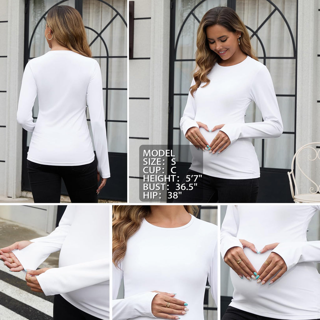 GINKANA Maternity Tops Yoga Workout Pregnancy Long Sleeve Shirts with Thumb Holes Scoop Neck Basic Tees for Activewear,White,XXL