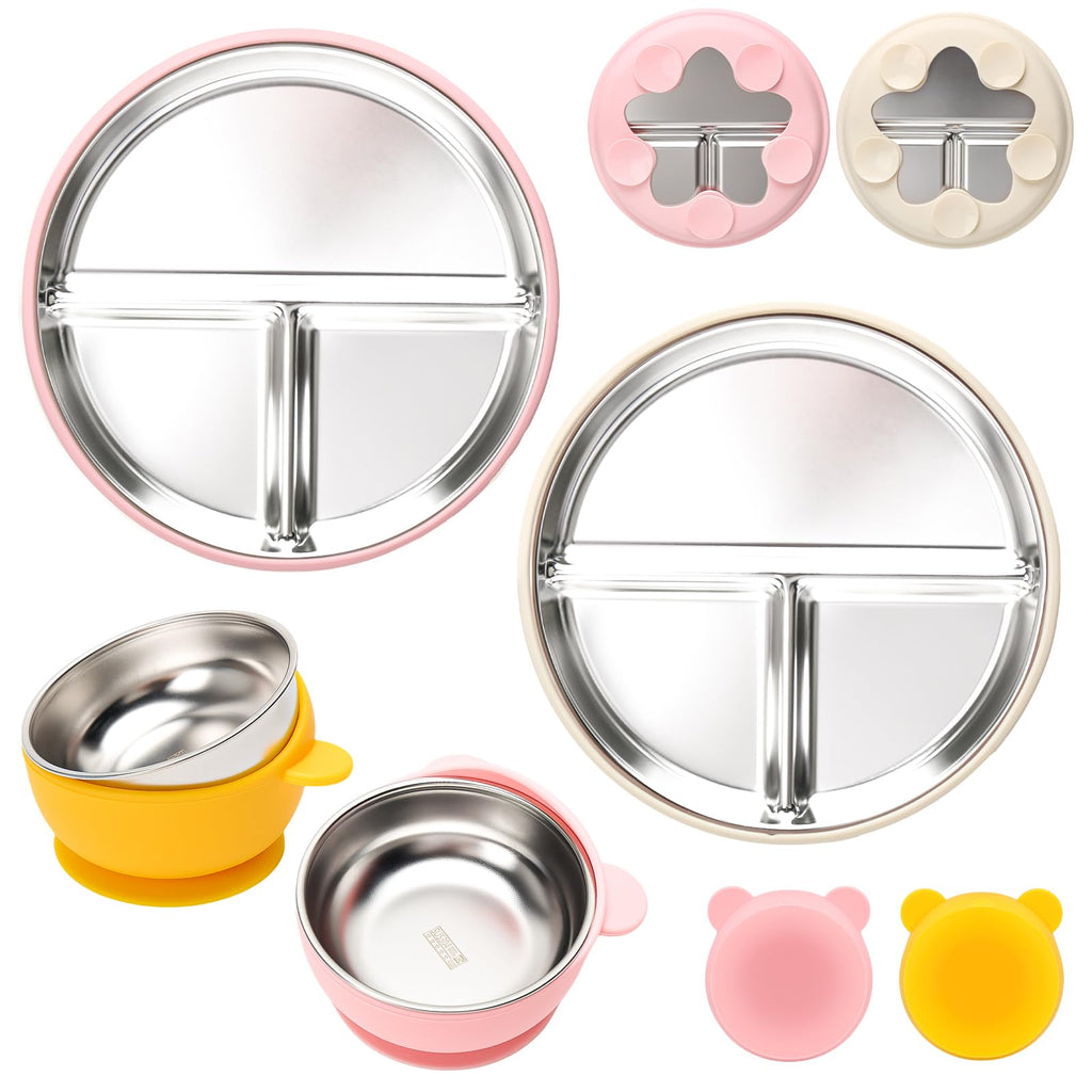 MISSLILI Stainless Steel Baby Plate and Bowls with Suction - 4 Packs