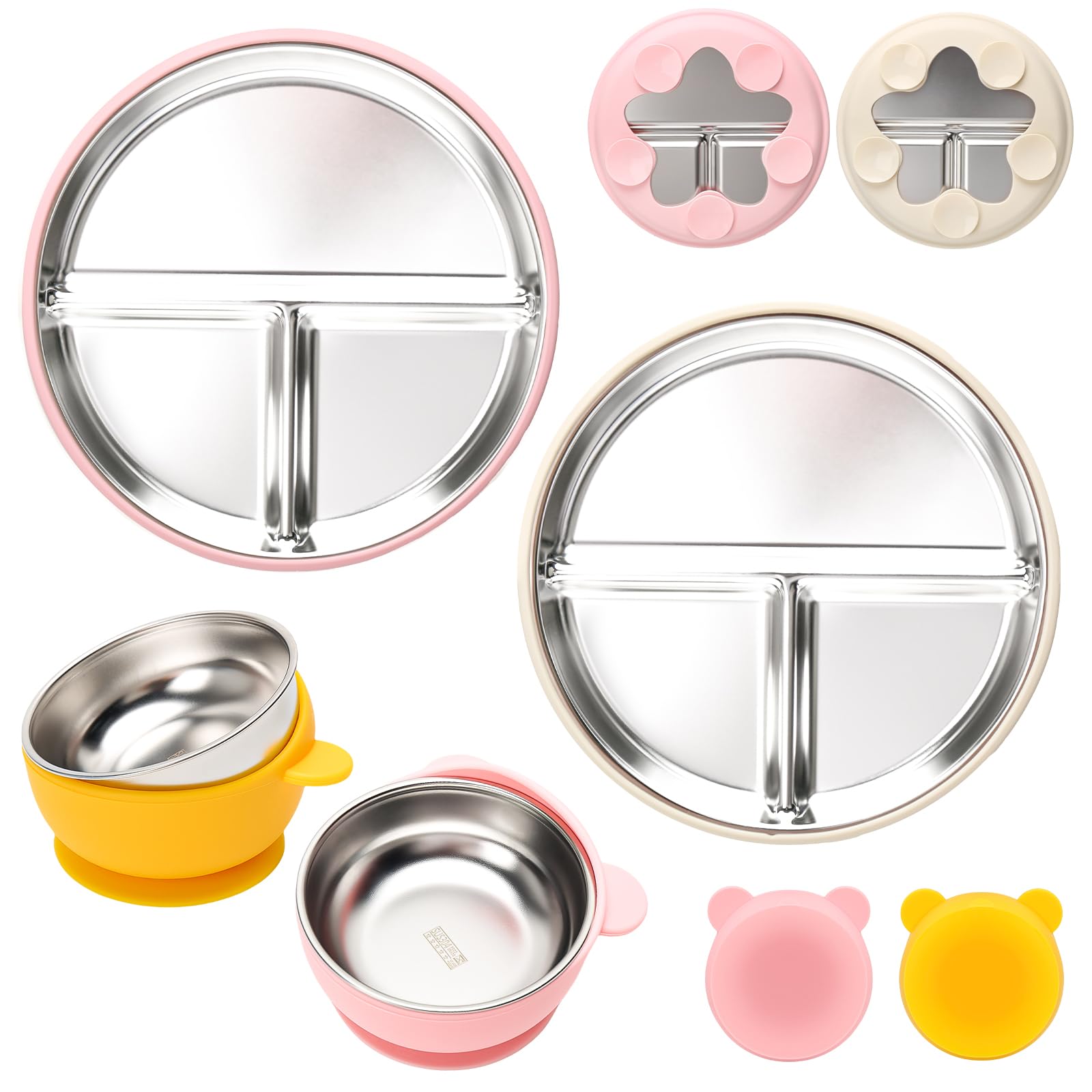 MISSLILI Stainless Steel Baby Plate and Bowls with Suction - 4 Packs