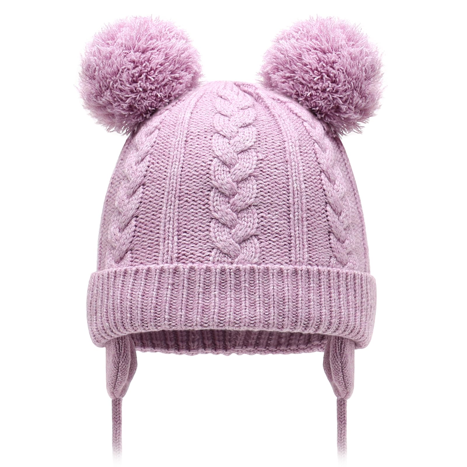 Duoyeree Toddler Winter Hat, Earflap Double Pom Pom Knit Beanie 0-36M
