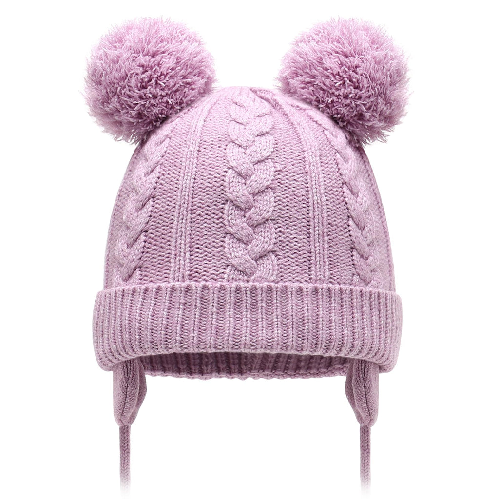 Duoyeree Toddler Winter Hat, Earflap Double Pom Pom Knit Beanie 0-36M