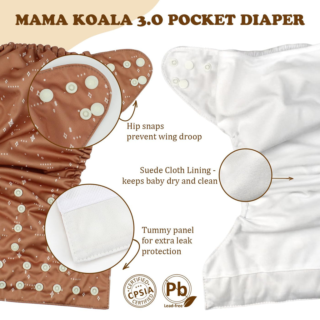 Mama Koala 3.0 Pocket Cloth Diapers for Babies with Suede Cloth Lining, 6 Pack with 6 4-Layer Natural Diaper Inserts - Reusable and Washable Pocket Diapers (Simply Neutral)