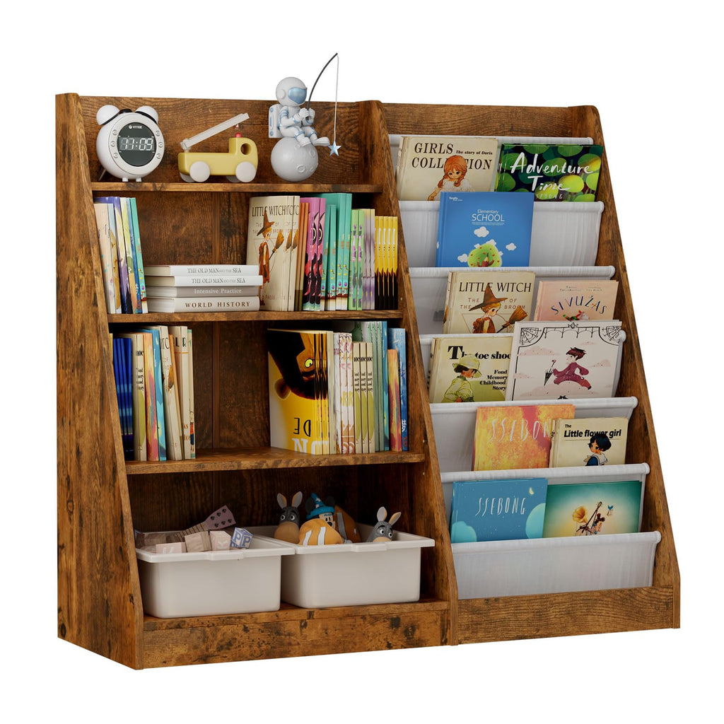 HedoAjim Kids Bookshelf for Bedroom Toddler Child Baby Bookcase 4-Tier for Nursery Book Toy Storage Organizer 6 Sling Adjustable Display Shelf Stand Book Rack Wood Classroom Playroom Rustic Brown