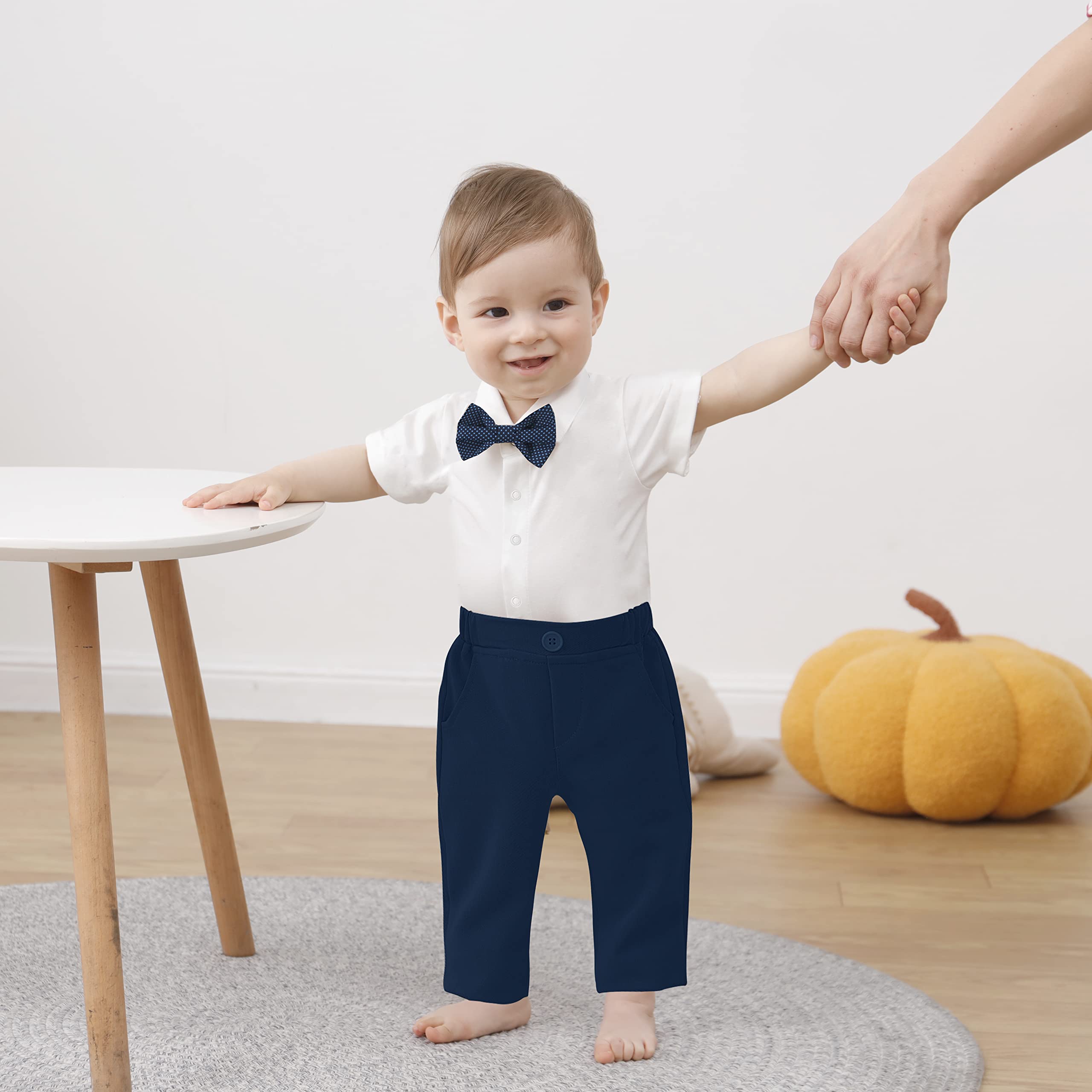 DISAUR Baby Boy Baptism Outfit Baby Boy Church Outfit Short Sleeve Infant White Shirt Dark Blue Plaid Vest Pants Bow Tie 3 6 Months