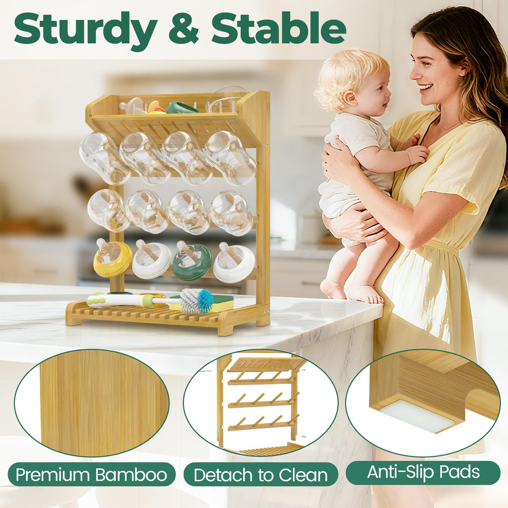EsLuker.ly Baby Bottle Drying Rack Bamboo Vertical Dryer Holder