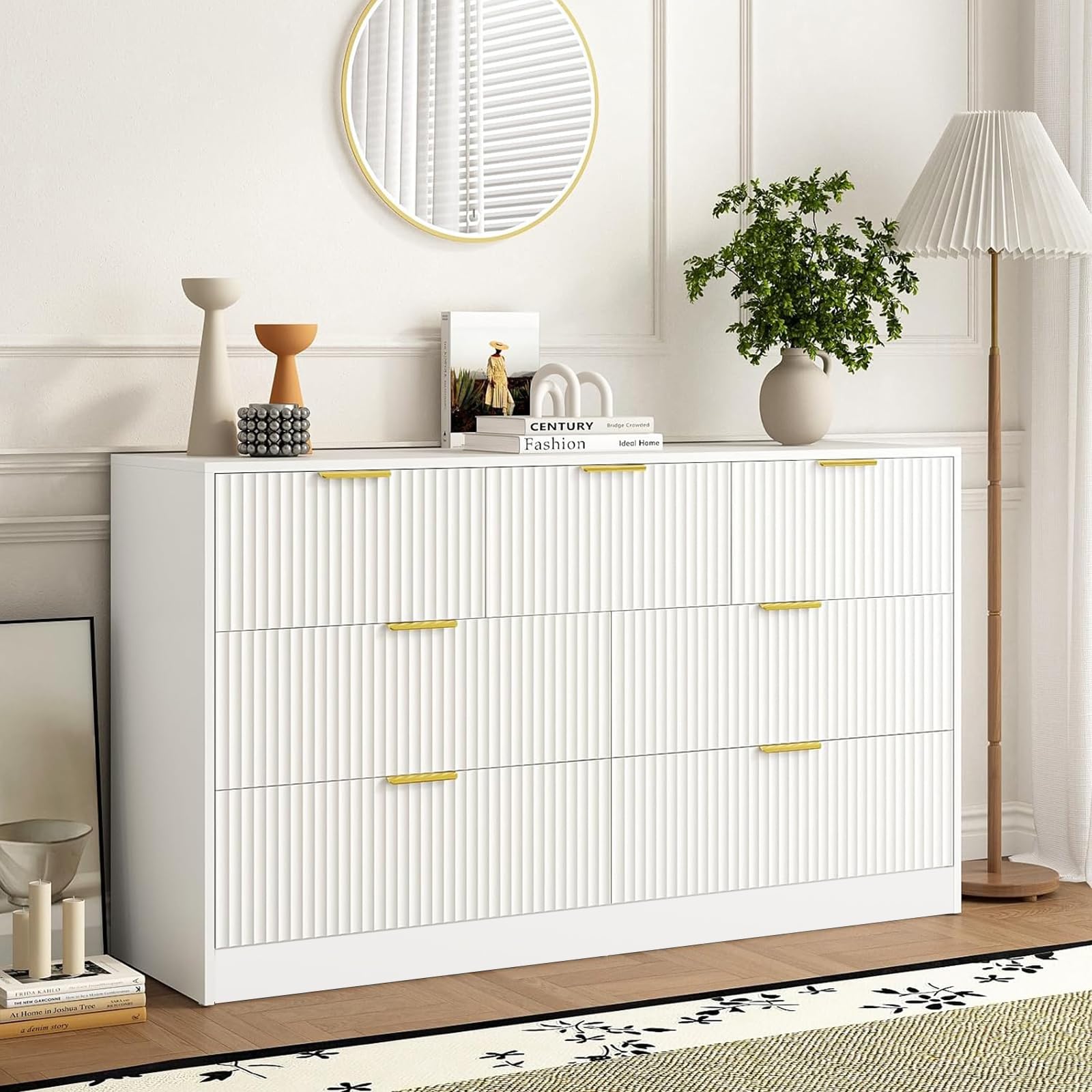 Sscaktu 7 Drawer Fluted Dresser with Deep Drawers for Bedroom, White丨55 Wide Mid Century Dresser, Modern Chest of Drawers, Wood TV Stand Storage Organizer for Closet, Living Room, Hallway