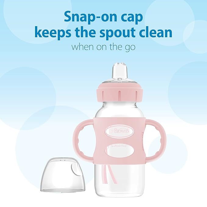Dr. Brown's Milestones Wide-Neck Sippy Spout Bottle with 100% Silicone Handles, Easy-Grip Handles with Soft Sippy Spout, 9oz/270mL, Light-Pink, 2-Pack, 6m+