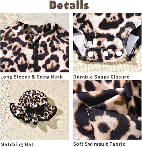 12-18 Months Infant Baby Girls One Piece Long Sleeve Swimsuit Cheetah Leopard Bathing Suit Zip Up Swimwear Beach Wear