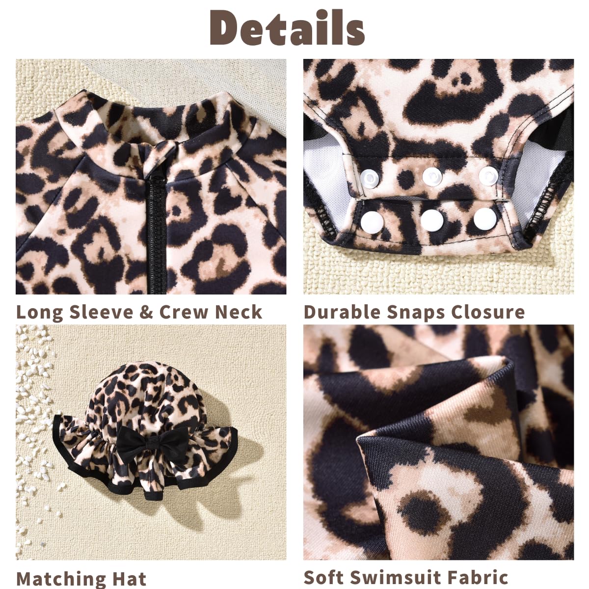 6-12 Months Infant Baby Girls One Piece Long Sleeve Swimsuit Cheetah Leopard Bathing Suit Zip Up Swimwear Beach Wear