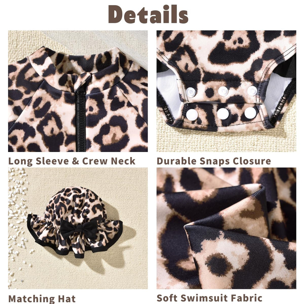 NB Newborn Infant Baby Girls One Piece Long Sleeve Swimsuit Cheetah Leopard Bathing Suit Zip Up Swimwear Beach Wear