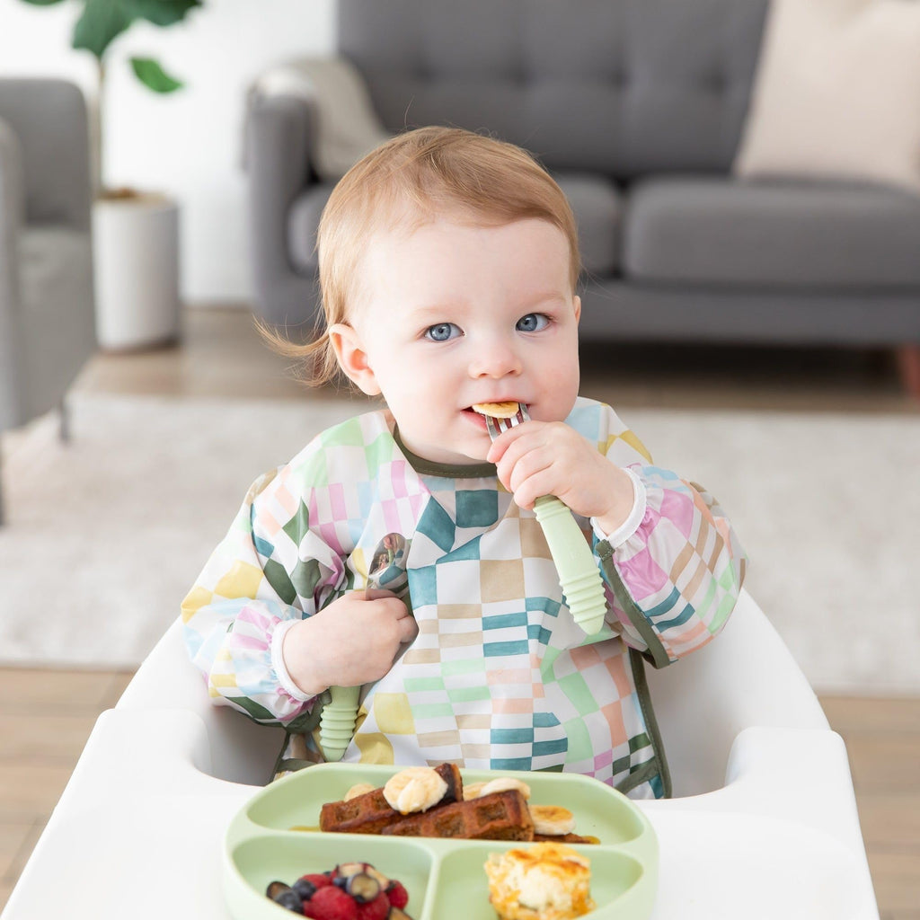 Bumkins Sleeved Bib for Girl or Boy, Baby and Toddler for 6-24 Mos, Essential Must Have for Eating, Feeding, Baby Led Weaning Supplies, Long Sleeve Mess Saving Food Catcher, Soft Fabric, Multi Check