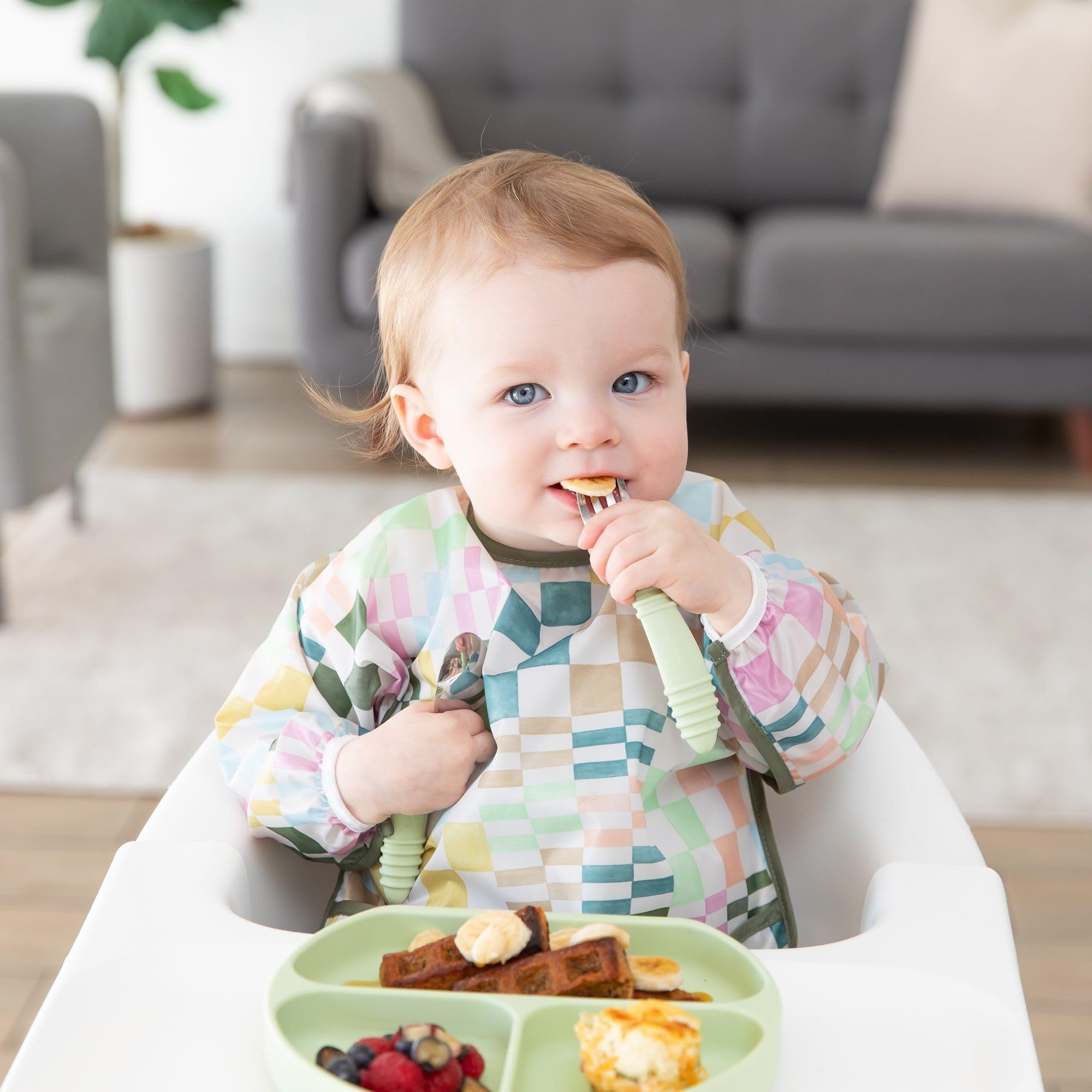 Bumkins Sleeved Bib for Girl or Boy, Baby and Toddler for 6-24 Mos, Essential Must Have for Eating, Feeding, Baby Led Weaning Supplies, Long Sleeve Mess Saving Food Catcher, Soft Fabric, Multi Check