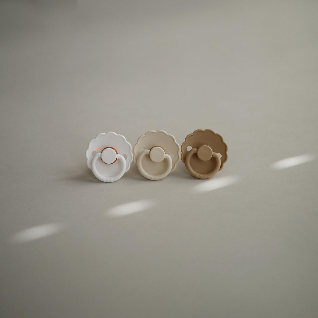 FRIGG Daisy SilkySoft Silicone Baby Pacifier | Made in Denmark | BPA-Free (Croissant/Portobello, 6-18 Months)