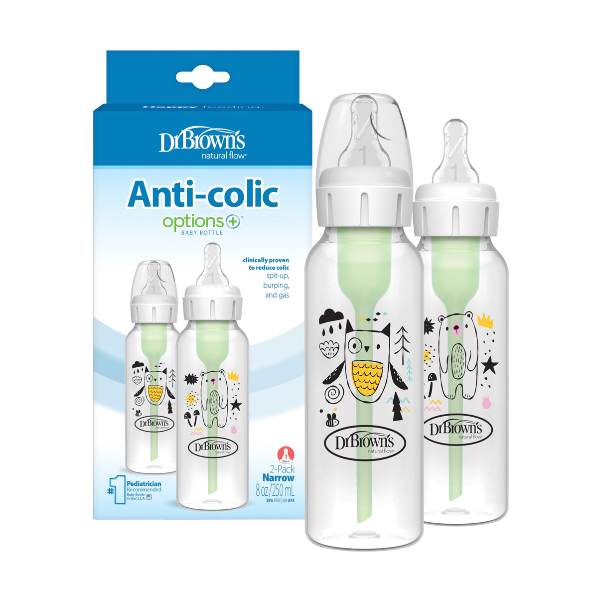 Dr. Brown's Anti-Colic Options+ Narrow Baby Bottle, Frog & Pig, 2-Pack