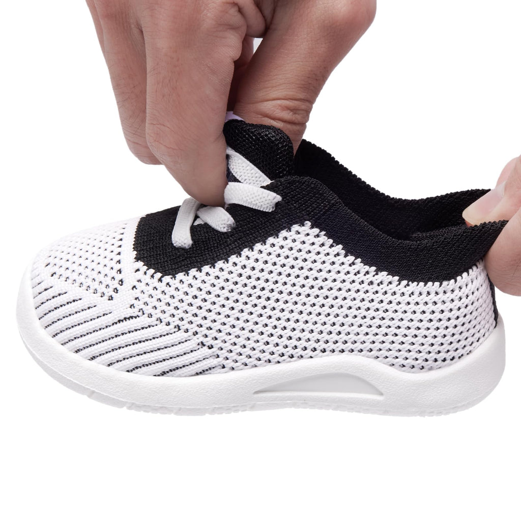 MORENDL Toddler Shoes Baby Walking Sock Shoes Infant Sneakers Boy Girl Barefoot Tennis Shoe Non-Slip Brethable White Black 9-12 Months