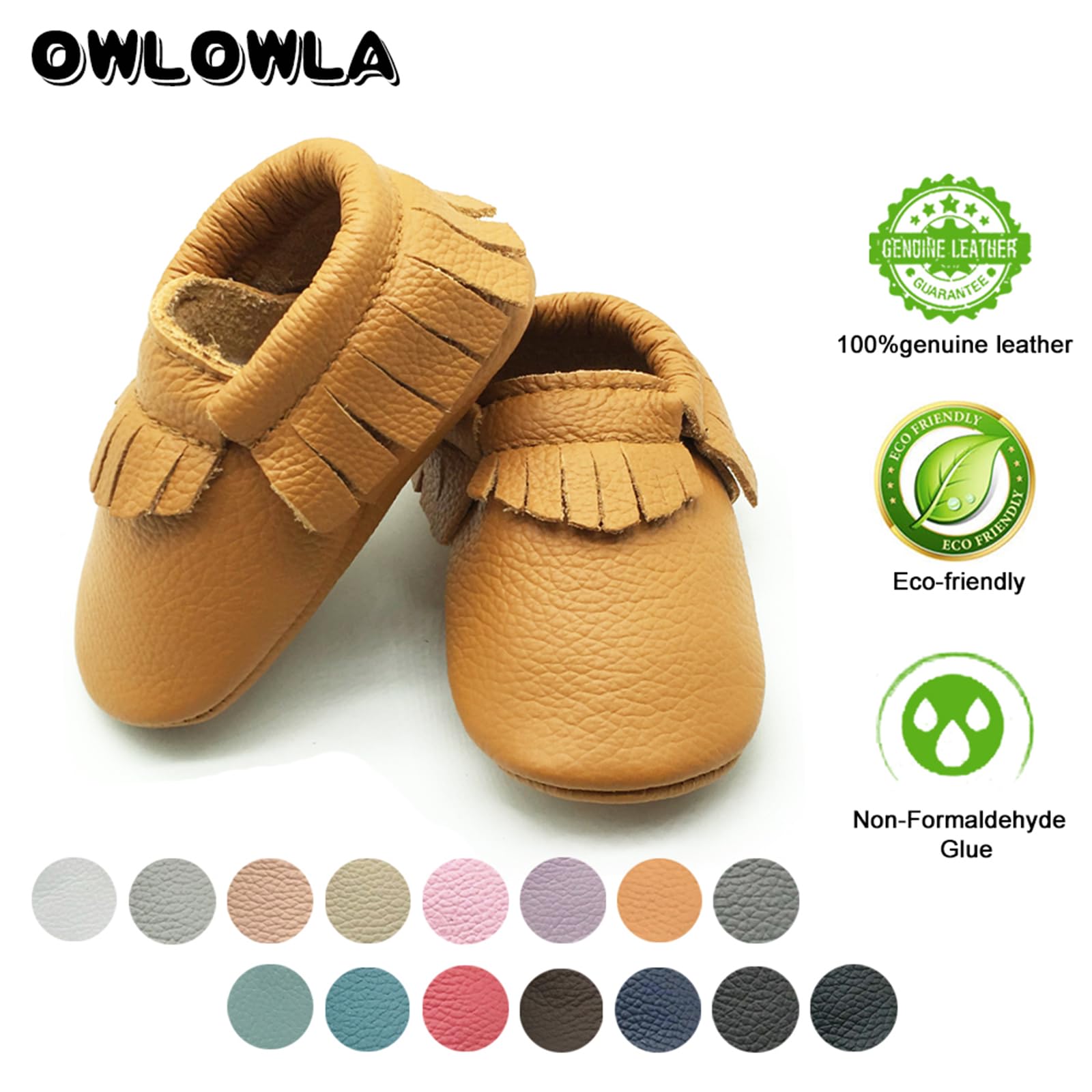 OWLOWLA Leather Baby Moccasins Soft Sole Baby Shoes Boys Girls 12-18months