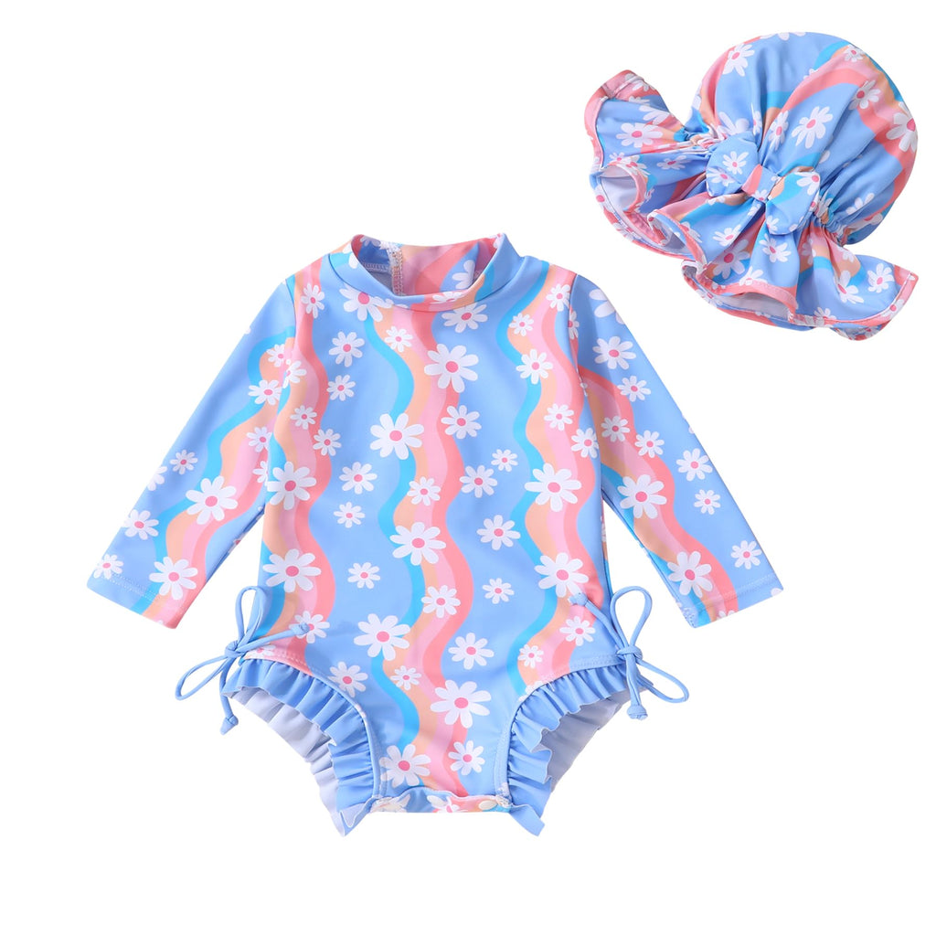 Infant Baby Girl Swimsuit One-Piece Long Sleeve Rash Guard with Hat Set Floral Zipper Bathing Suit Leopard Beach Wear