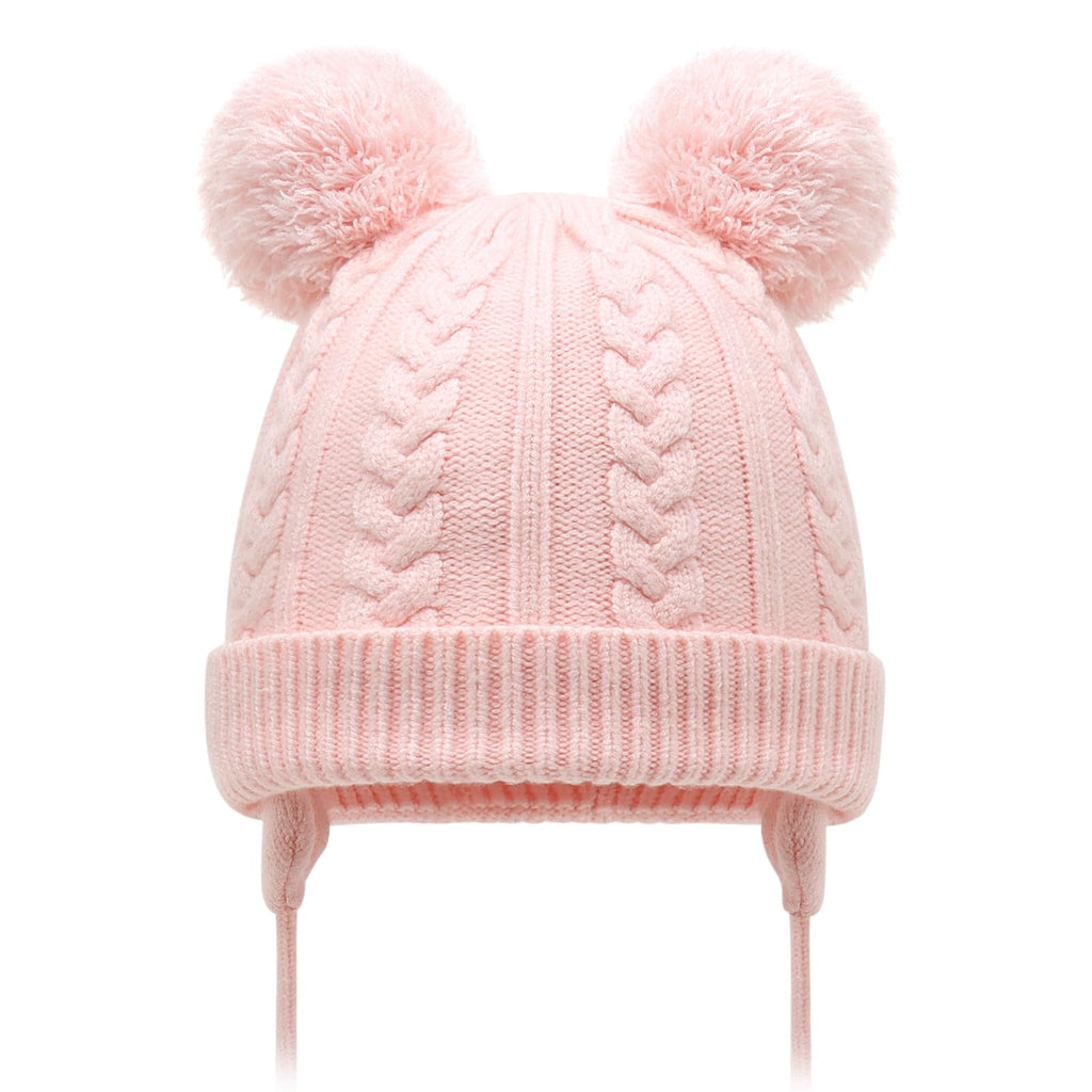 Duoyeree Toddler Winter Hat, Earflap Double Pom Pom Knit Beanie 0-36M