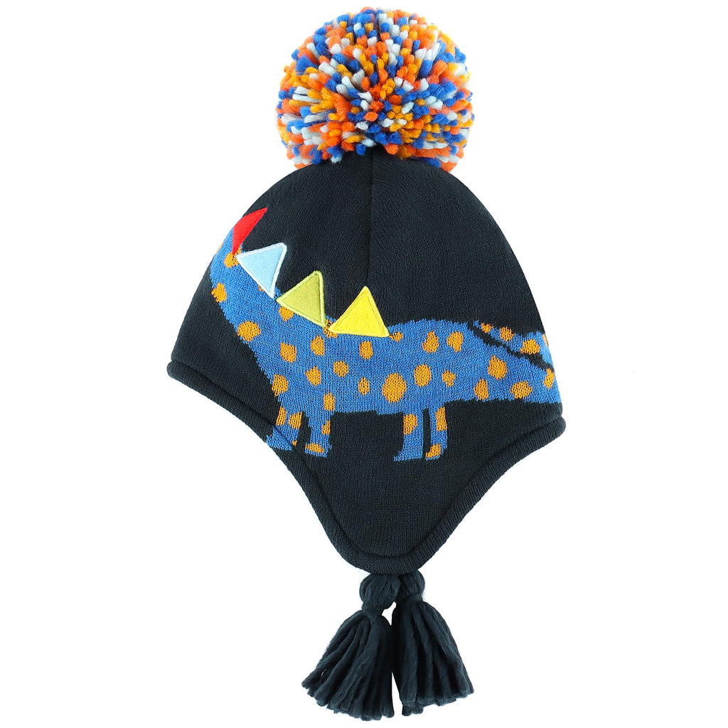 Duoyeree Kids Beanie Dinosaur Pom Pom Knit Winter Hat Fleece Lined for 1-7T