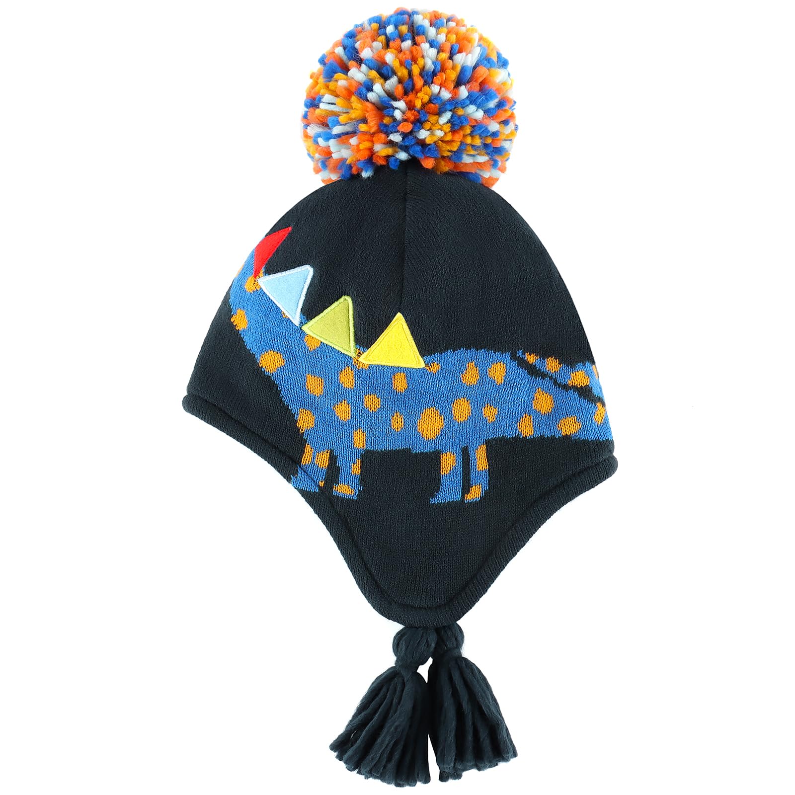 Duoyeree Kids Beanie Dinosaur Pom Pom Knit Winter Hat Fleece Lined for 1-7T