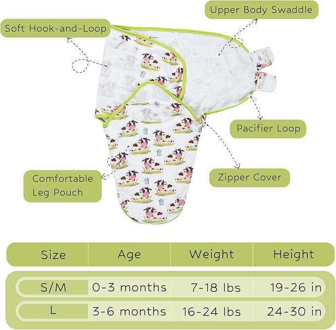 LollyBanks Baby Swaddles, 100% Organic Cotton Swaddle for Newborns Boys and Girls, 3-6 Months Swaddle Sacks with Easy Change Zipper, Baby Registry (Cow Print)