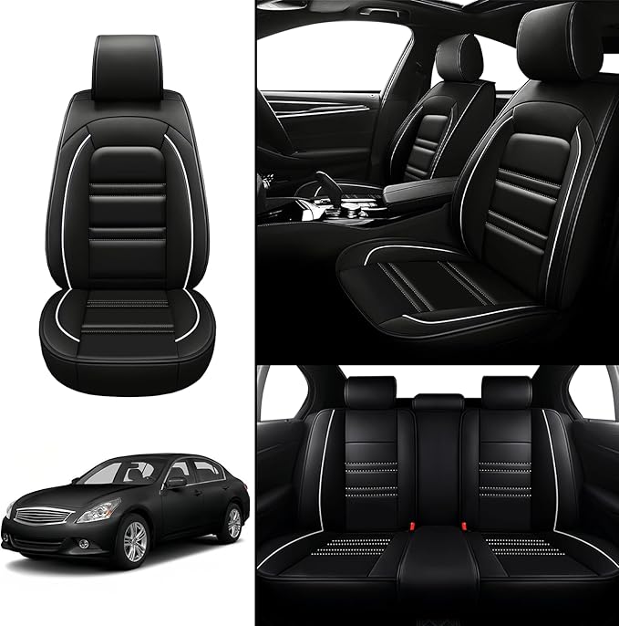 Seat Covers for Infiniti g37 2008-2013 | 5-Seats Leather Seat Covers, Easy to Install Automotive Seat Covers Full Set (Full Set, Black&White Line)