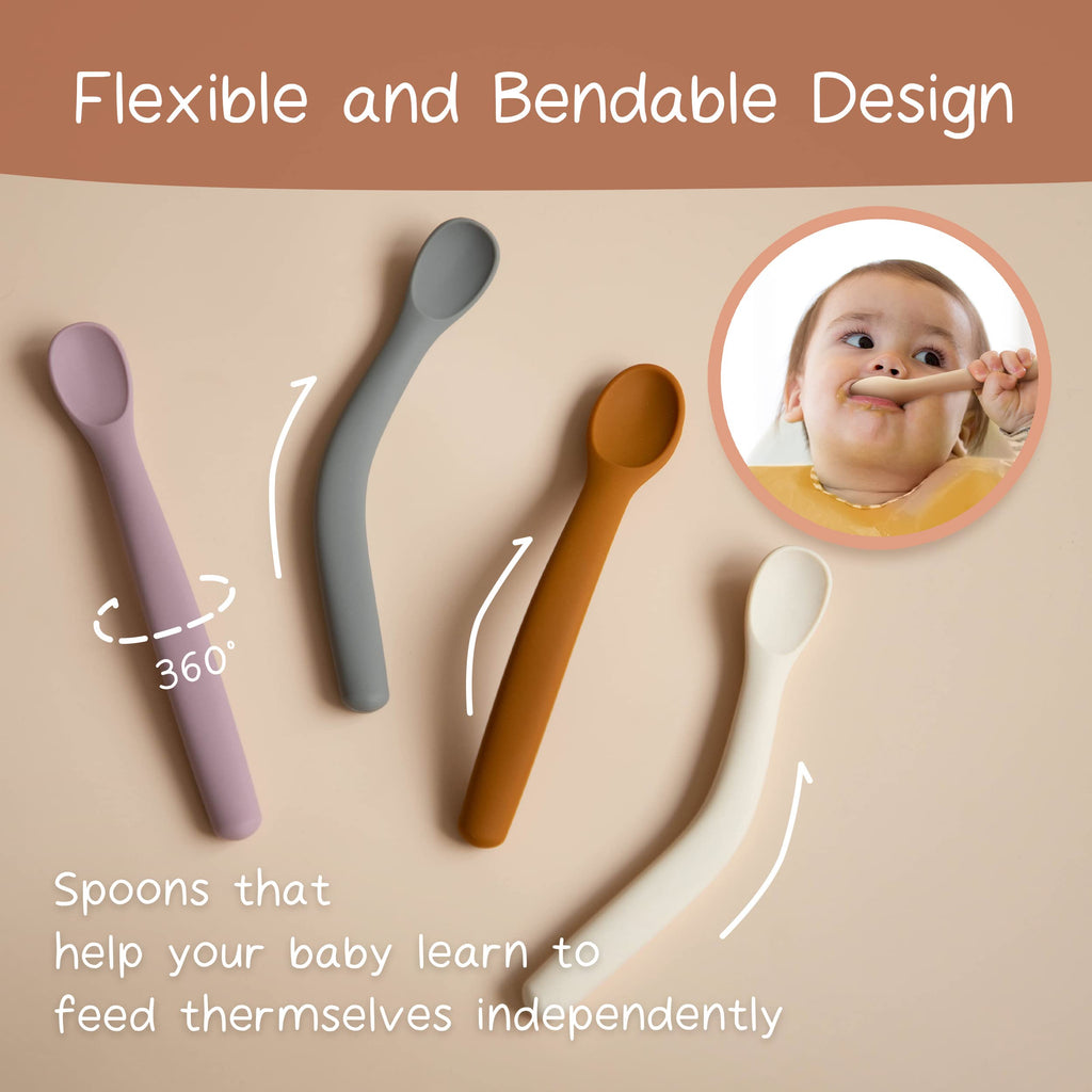 Moonkie Silicone Baby Spoons Set of 4, Toddler Spoons for Self Feeding 6 Months, Two Sizes Feeding Spoons for First Stage 4+ Months, Infant, Baby Utensils with Case, Bendable, Chewproof & Boil-proof