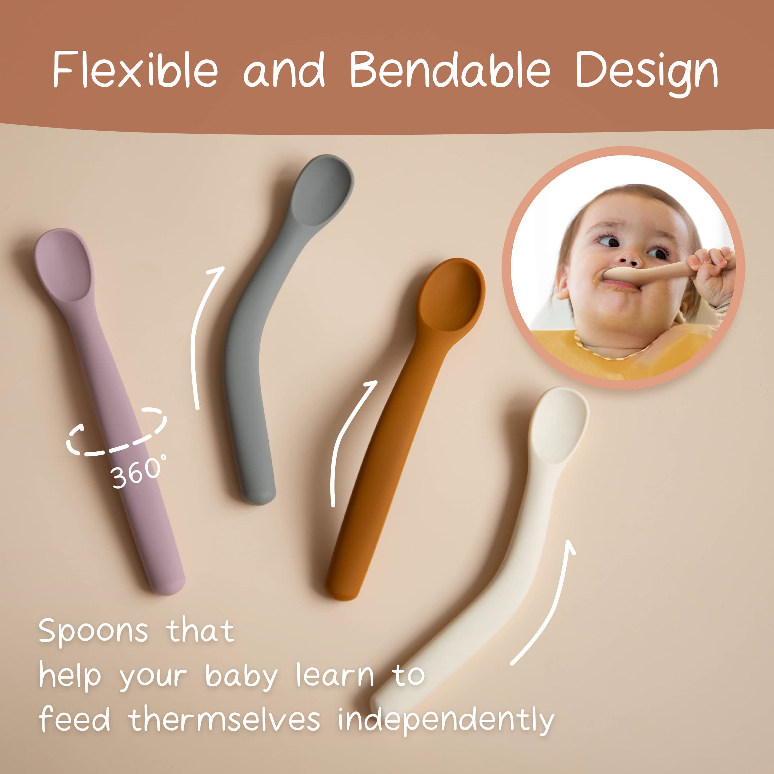 Moonkie Silicone Baby Spoons Set of 4, Toddler Spoons for Self Feeding 6 Months, Two Sizes Feeding Spoons for First Stage 4+ Months, Infant, Baby Utensils with Case, Bendable, Chewproof & Boil-proof