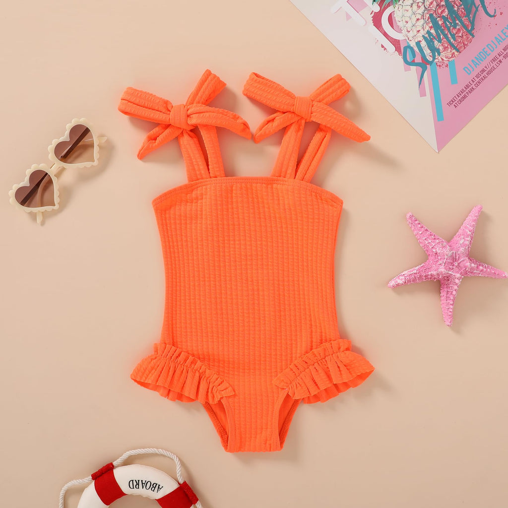 Happy Town Toddler Swimsuit Girl Solid Color Stripe One-Piece Baby Bathing Suits (Solid Bright Orange, 6-9 Months)