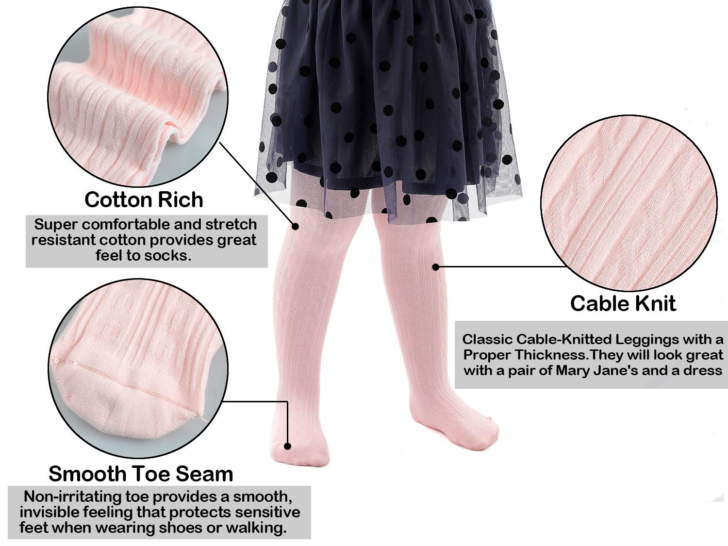 EPEIUS Infant Girl Tights Baby Girl Boy Seamless Cable Knit Leggings Solid Cotton Stockings Footed Pants Pantyhose for 6-12 Months 4 Pairs Pack,Black/White/Light Grey/Baby Pink