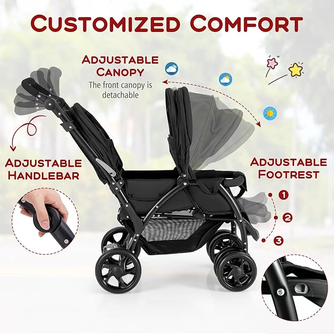 HONEY JOY Double Stroller, Foldable Lightweight Infant Twin with Tandem Seating, 5-Point Harness, Recline Seat, Storage Basket, Compact Baby Double Stroller Newborn and Toddler (Black)