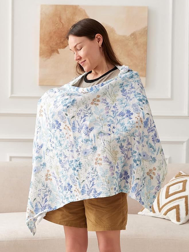 TILLYOU Muslin Nursing Cover for Baby Breastfeeding, 100% Cotton Breathable with Arch Neckline for Women, Blue Flower