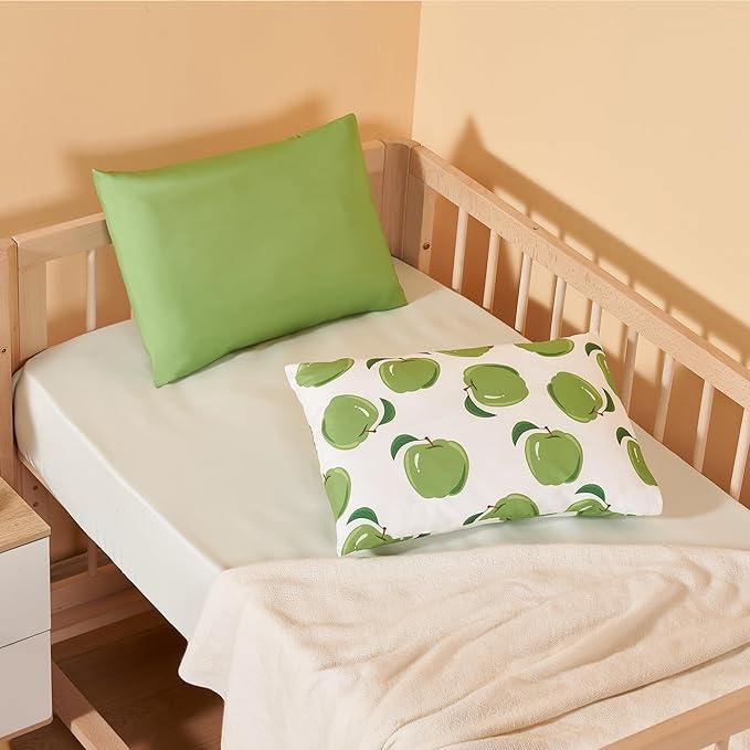 TILLYOU Toddler Pillowcases 13 x 18 Travel Pillow Case 2 Pack, Kids Pillowcases Machine Washable with Envelope Closure, Green Apple & Fruit Green