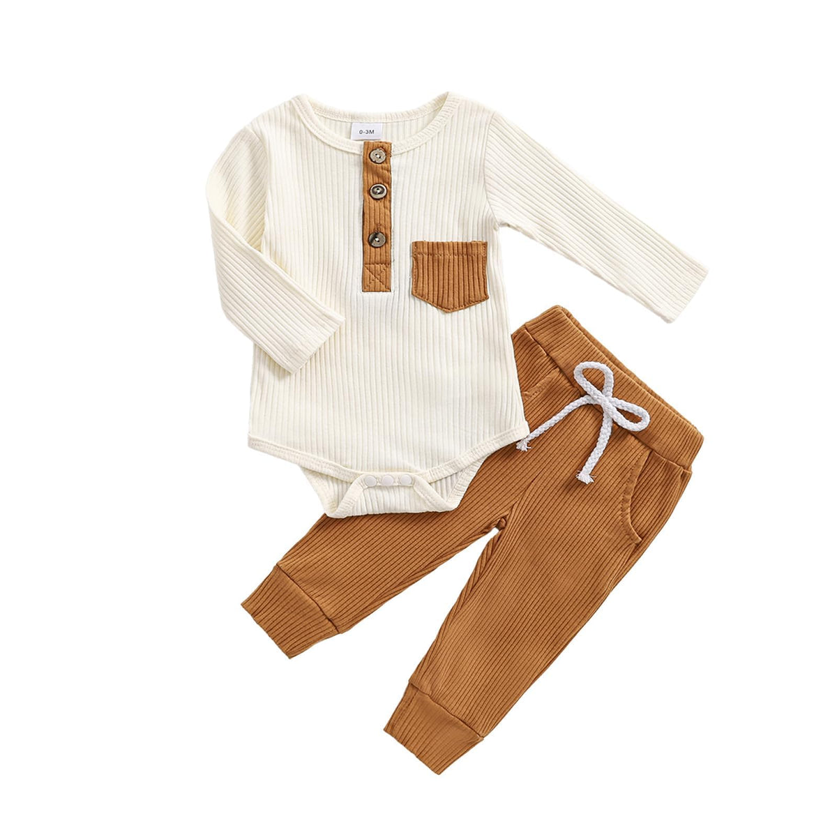 fhutpw Baby Boy Clothes 3 6 12 18 Months Ribbed Knitted Long Sleeve Romper and Pants Sets Newborn Fall Splicing Color Outfits (White&Brown, 3-6 Months)