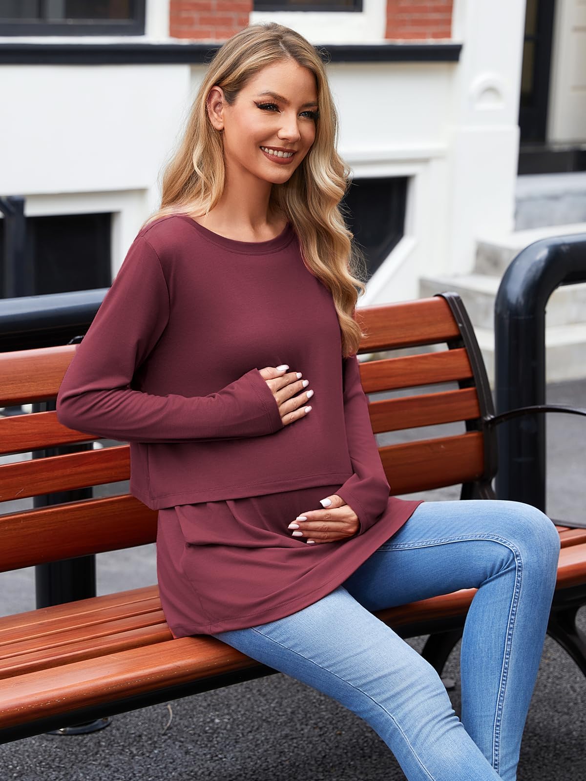 Ecavus Women's 3Pack Maternity Nursing Shirts Long Sleeve Double Layer Breastfeeding Shirts Comfy Pregnancy Clothes