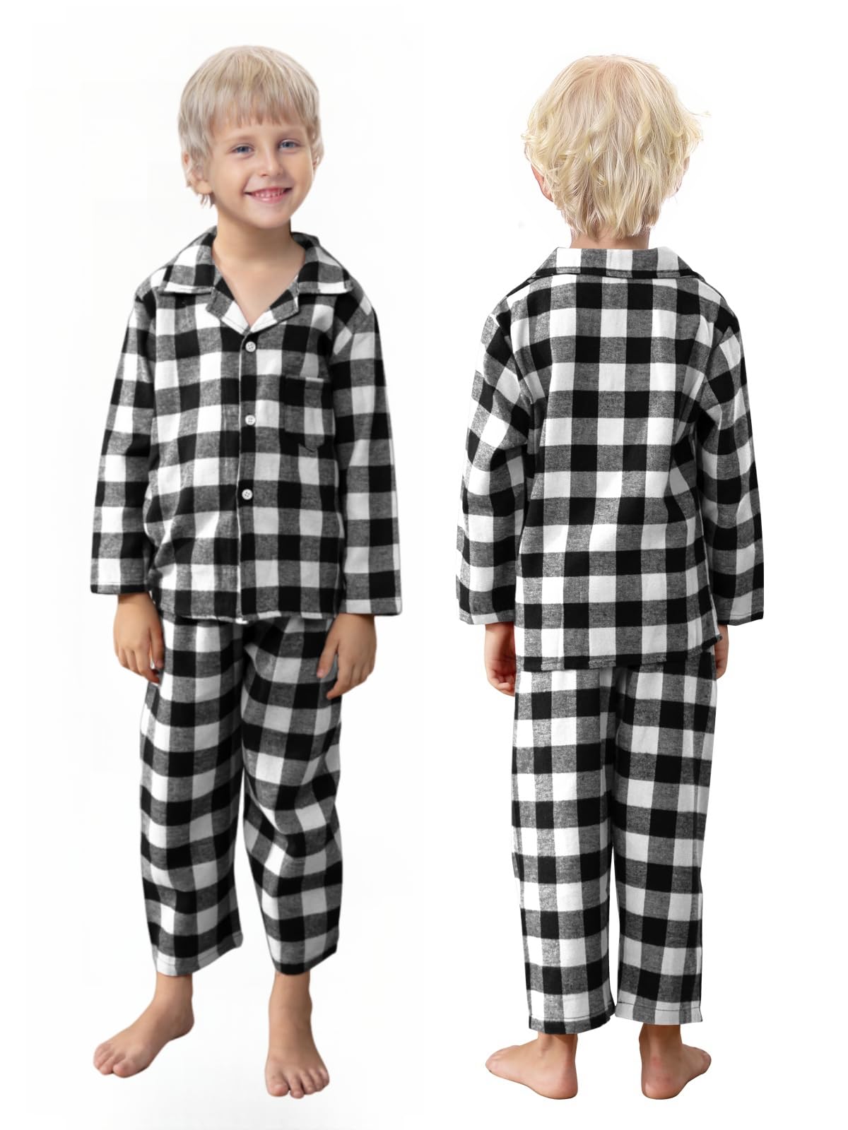 Schbbbta Kids Plaid Pajamas Set, Baby Toddler Little Boy's Girl's 2-Piece Button Down Sleepwear Pjs, Black White, 4-5T = Tag 120