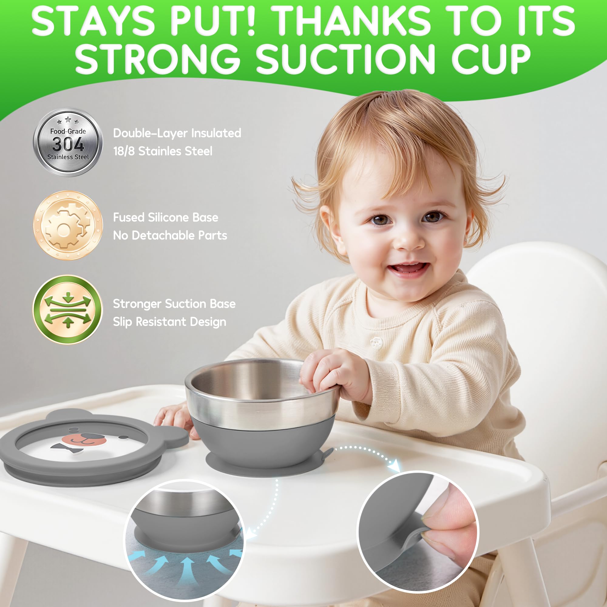 Mrs. Chou Suction Bowl and Spoon Set for Babies and Toddlers Non-Slip Silicone Suction Cups, Advanced 304 Stainless Steel Bowls, Double-Layer Insulation, and BPA-Free Lids Food-Grade Safety