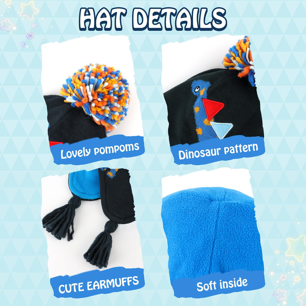 Duoyeree Kids Beanie Dinosaur Pom Pom Knit Winter Hat Fleece Lined for 1-7T