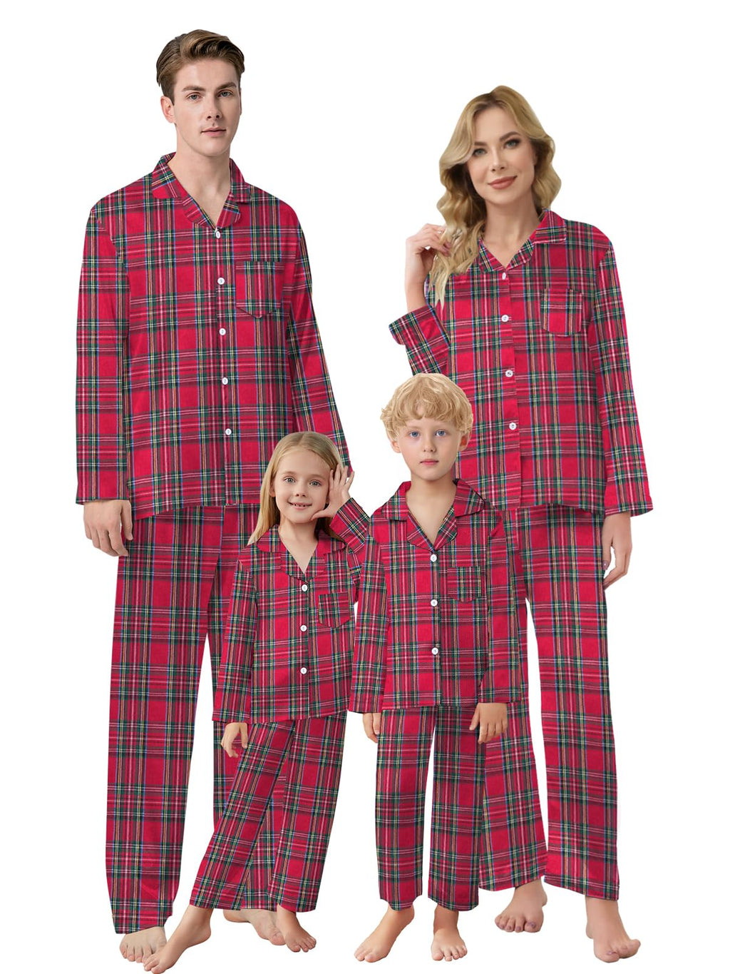 Family Pajamas Set, Kids Plaid Long Sleeve Lounge Set Button Down Pj Sets, Scottish Red, 13-14 Years = Tag 170
