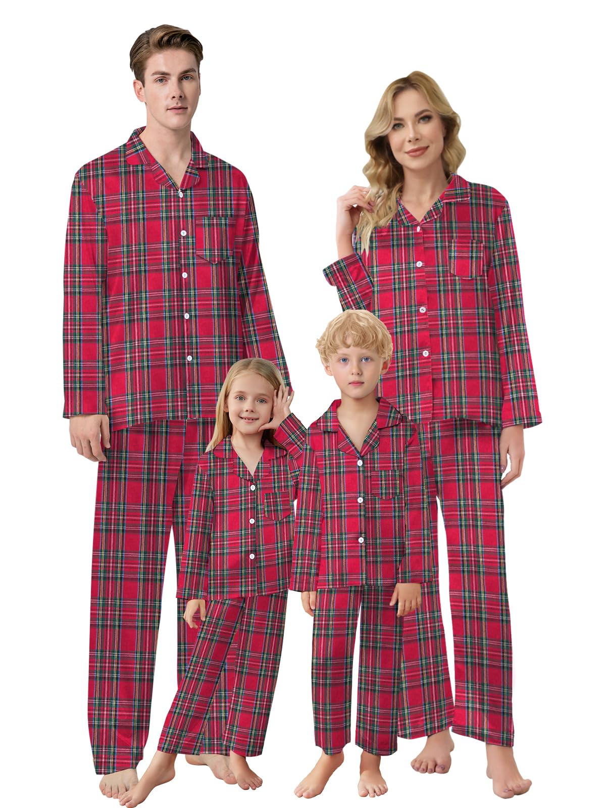Family Pajamas Set, Kids Plaid Long Sleeve Lounge Set Button Down Pj Sets, Scottish Red, 13-14 Years = Tag 170