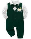 mikiumkee Baby Boy Suit Gentleman Clothes Wedding Outfits Formal Jumpsuit Long Sleeve Romper+Vest Green 18-24 Months