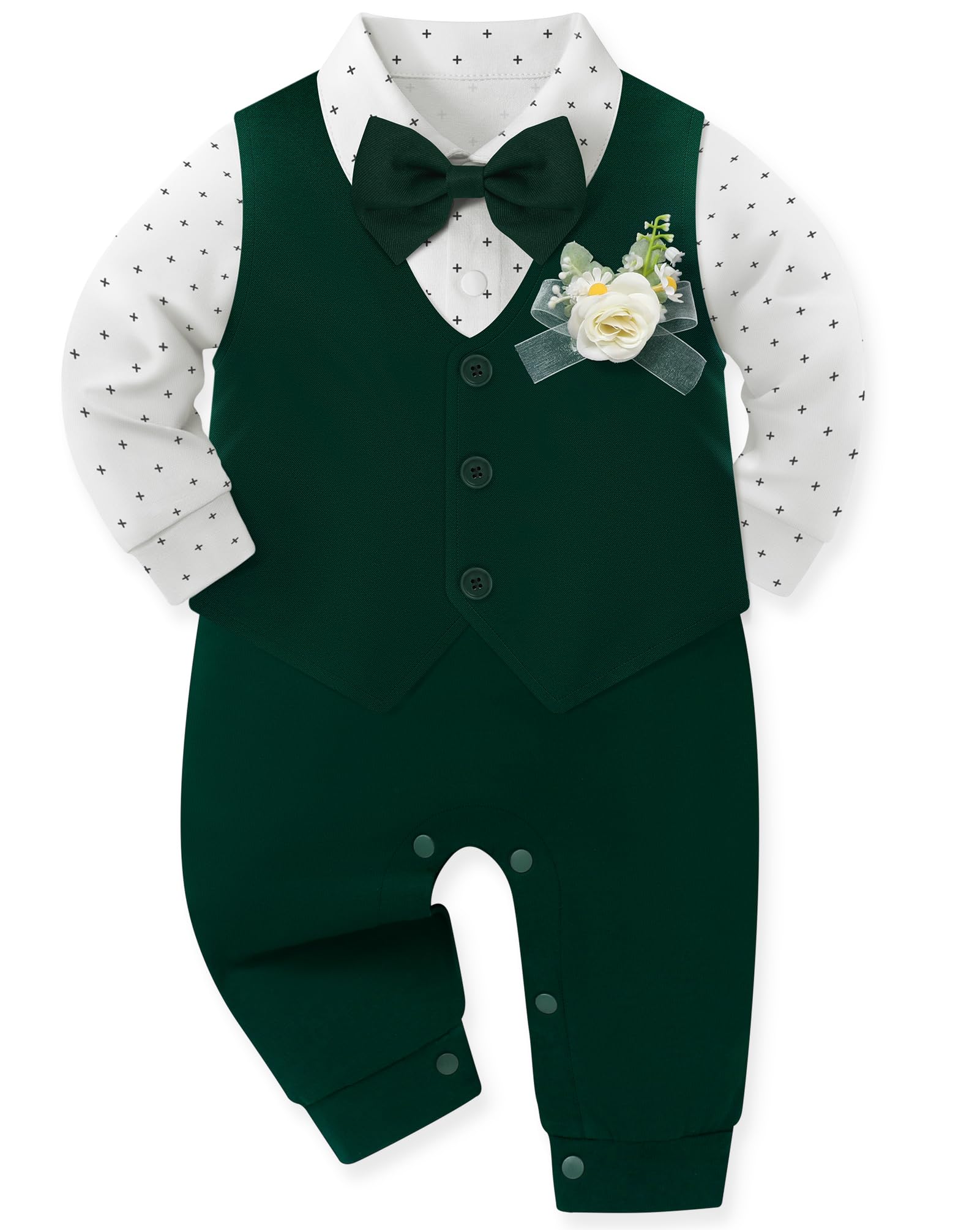 mikiumkee Baby Boy Suit Gentleman Clothes Wedding Outfits Formal Jumpsuit Long Sleeve Romper+Vest Green 18-24 Months