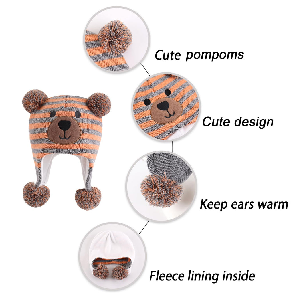 LANGZHEN Toddler Kids Infant Winter Hat,Earflap Knit Warm Cap Fleece Lined Beanie for Baby Boys Girls (Bear -Grey Orange Stripe, 2-4 T)