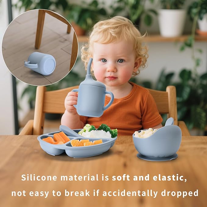 Baby Silicone Feeding Set, Baby Weaning Set, Baby Essentials, Includes Baby Spoons, Baby Bibs, Suction Plates for Baby， Baby Bowls, Food Grade Silicone, BPA Free (A-1)
