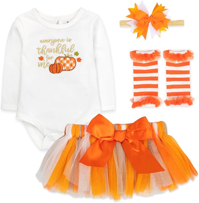 Baby Girl Holiday Outfit 4-Piece Set – Long Sleeve Bodysuit, Pants, Tutu Skirt & Headband – Halloween, Thanksgiving